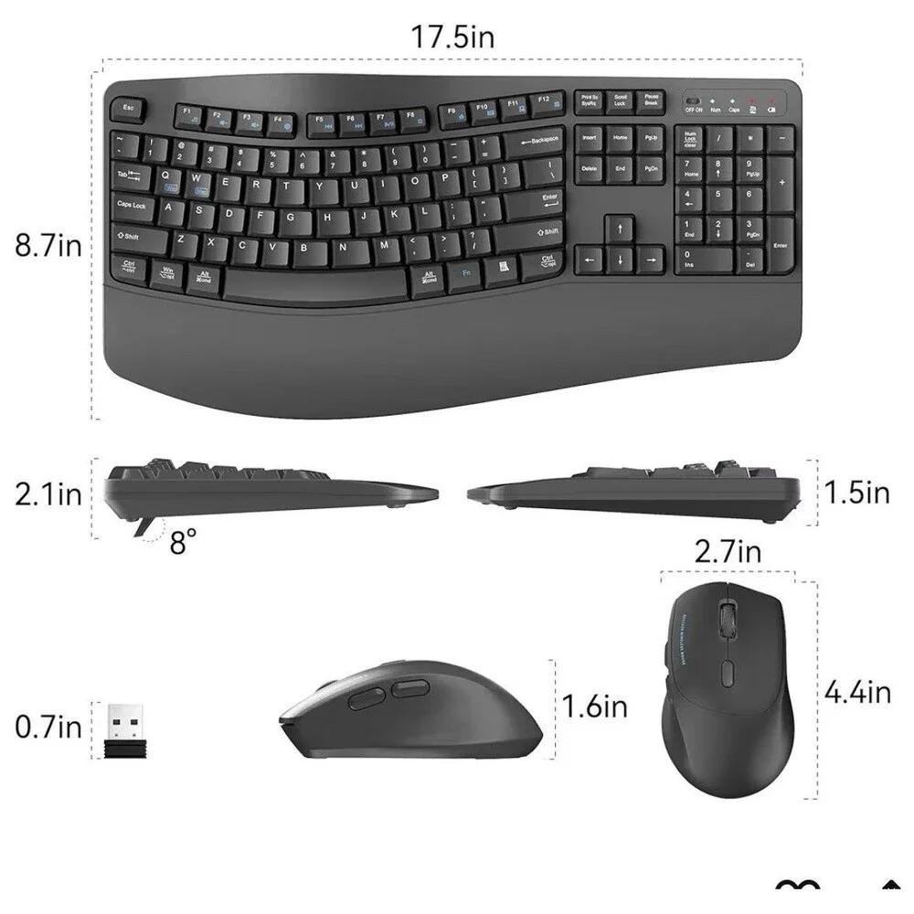 Wireless Keyboard and Mouse Combo,2.4G Full Size Wave Keys Ergonomic Keyboard